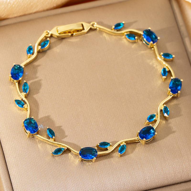 Women Jewelry Silver Color Dark Blue Crystal Leaf Chain Link Bracelets And Bangles For Party Gift Color Retention Bracelet