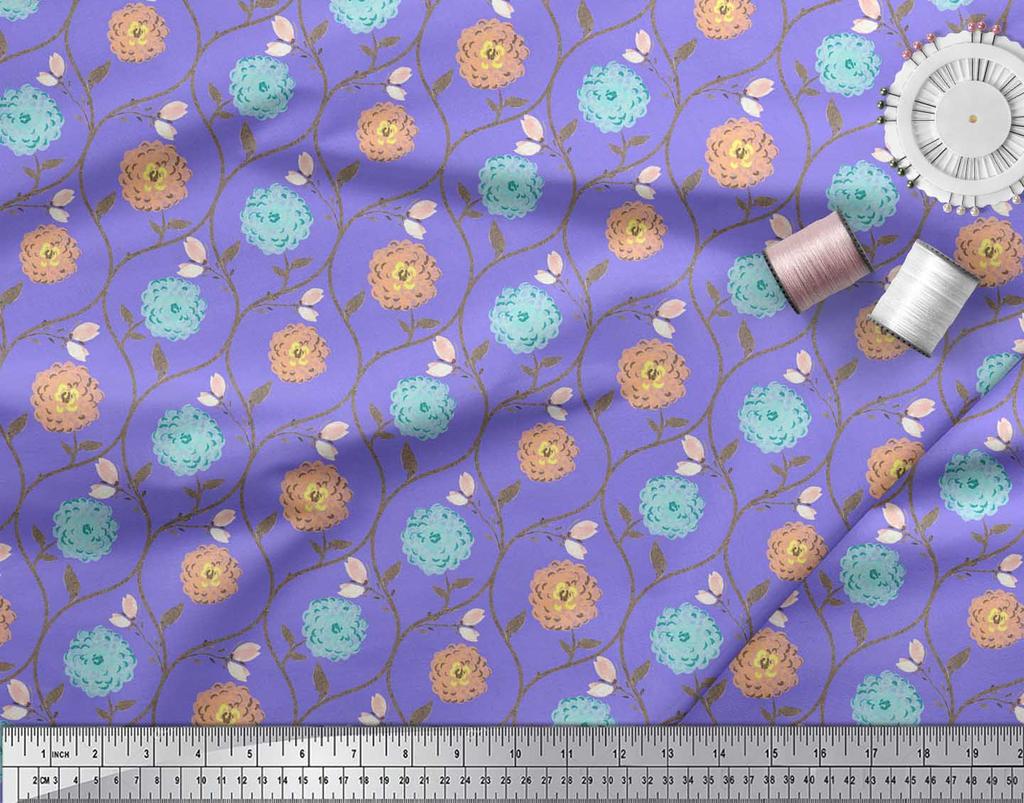 Soimoi Tela de Crepé de Poliéster Morado Estampado Floral de Crisantemo con Hojas y Botones Tela Estampada por Metro 42 Pulgadas