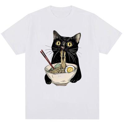 Funny Noodle Ramen Black Cat Graphic T-shirt Fashion Men's Women's Popular Short Sleeve Y2K Oversized Cotton T Shirts Streetwear