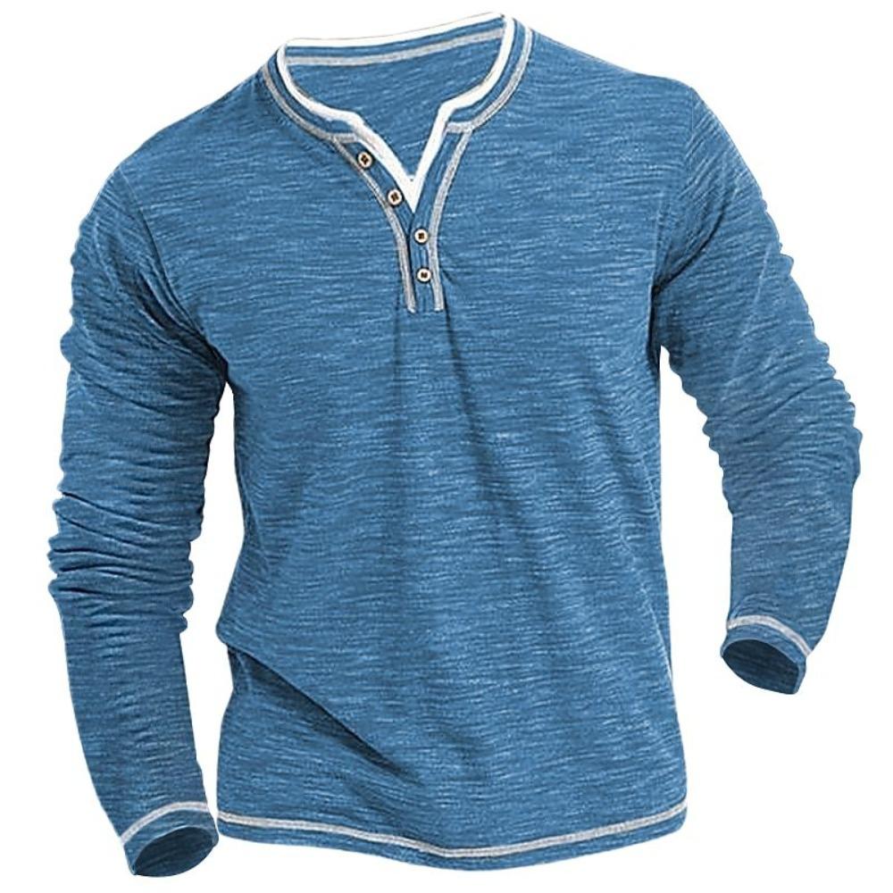 Мужская футболка-henley с контрастной отделкой, цвет Heather Blue - Длинный рукав, приталенный крой, повседневная, легкая, дышащая, повседневный топ XL синий