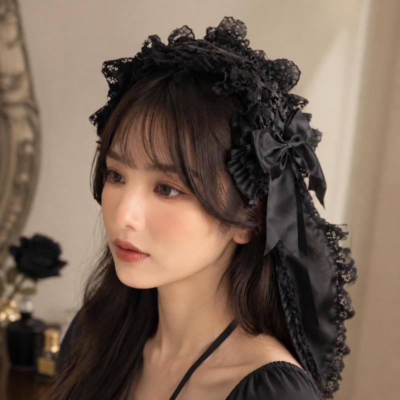Rabbit Ears Headband Gothic Lace Hair Accessory with Satined Bowknot and Tie Back for Halloween Party and Anime Event Photo Styling