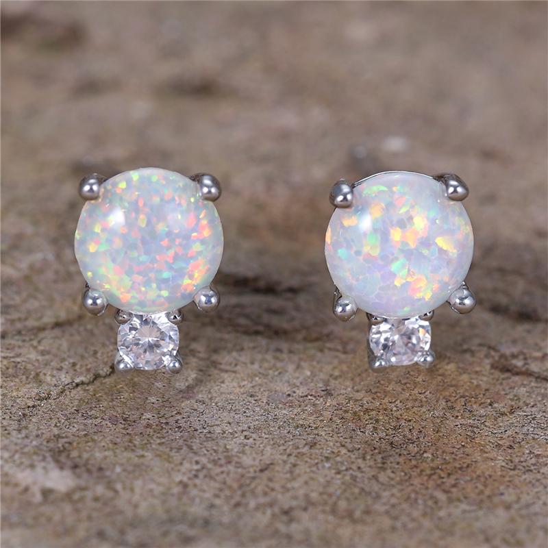 White Fire Opal Cute Blue Crystal Round Stone Earrings For Women Trendy Silver Color Wedding Jewelry Accessory
