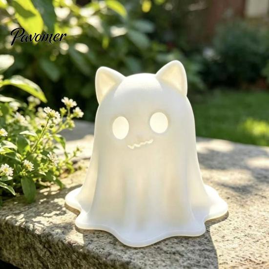 Gift for Cat Lovers 3D Printed Ghost Candle Holder, Spooky Figurine Small Halloween Party Prop with Warm Light Tabletop Home Decoration Miniature