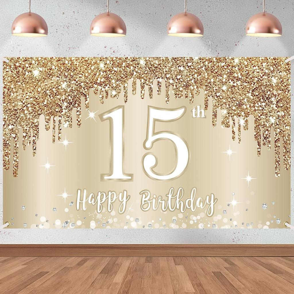 Gold White Happy Birthday Banner Decorations for Women Girls, Gold Glitter Happy Birthday Backdrop Party Supplies, 16th 18th 21st 30th 40th 50th 60th
