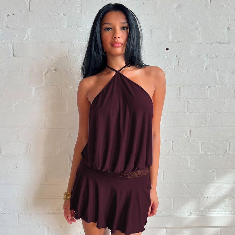 

Shemoda Fashion Ins Style Sexy Backless Halter Dress Stylish Lace Patchwork Waist-Slimming One-Step Short Skirt Coffee Brown S