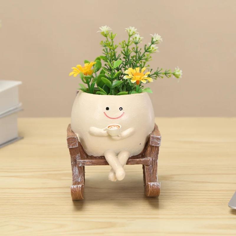 Creative Rocking Chair/Swing Face Flower Pot Garden Pots Cute Resin Head Planters Home Garden Supplies for Indoor Outdoor Plants