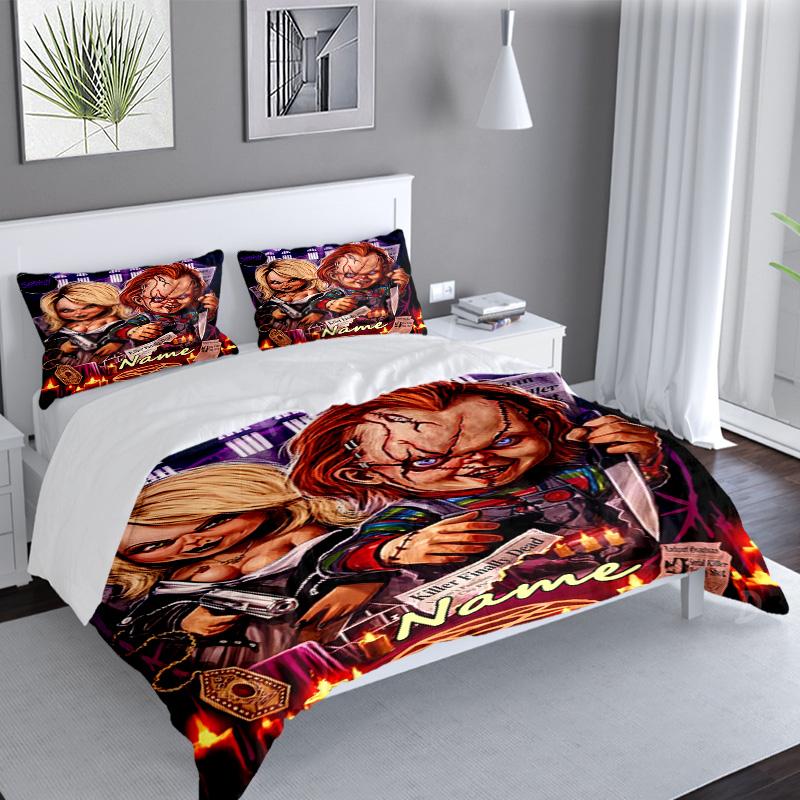 3PCS Custom Name Chucky Bedding Set Printed Duvet Cover Closure Includes 1 Duvet Cover & 2 Pillowcases for All Seasons Bedroom Decor