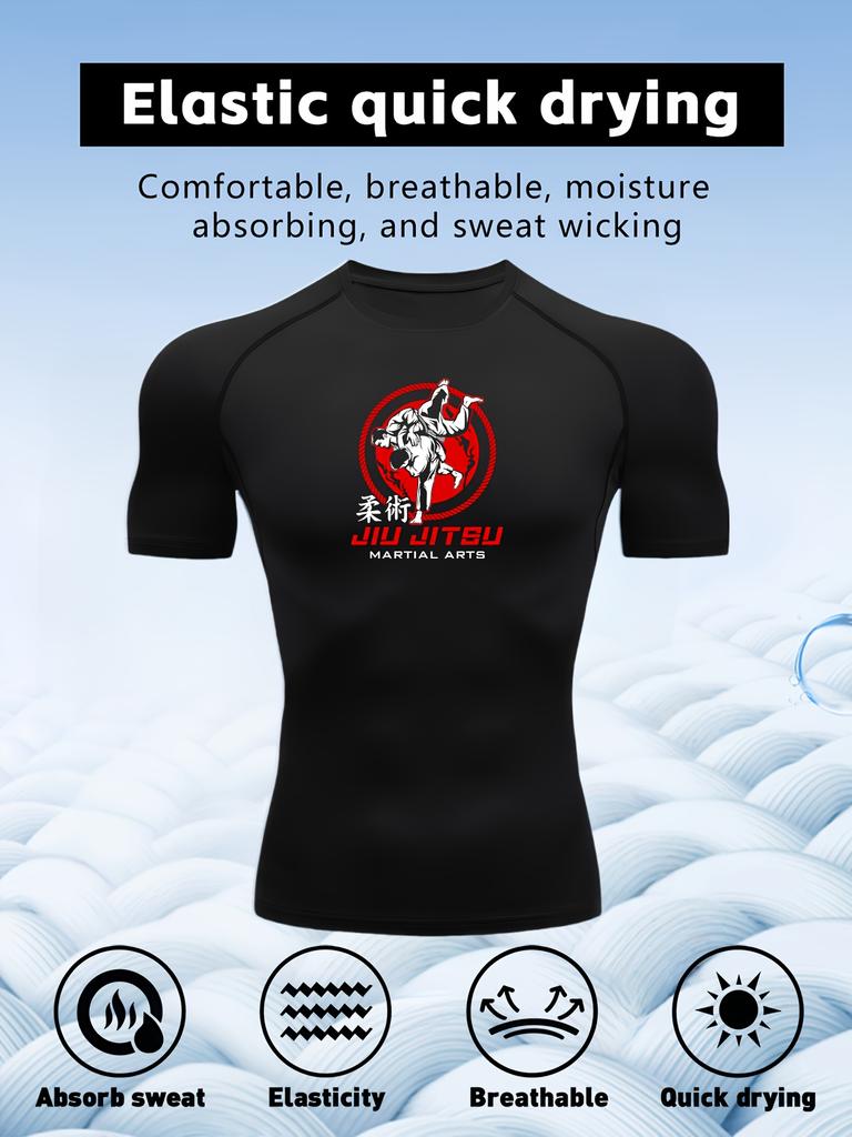 Men's Black Jiu Jitsu Print Compression T-Shirt, Quick Dry Breathable Athletic Workout Top