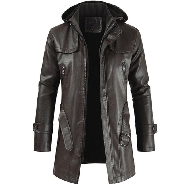 New  Autumn Hooded Winter Men's Leather Long Coat Trench Motorcycle Jackets Trendy Fleece Warm Comfortable Windbreaker
