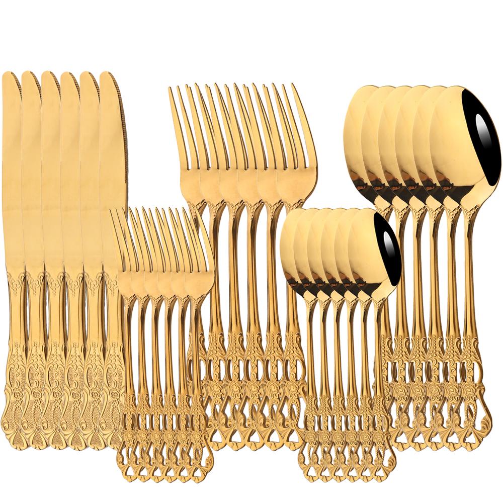 AJOYOUS 30Pcs Cutlery Set Stainless Steel Dinnerware Kitchen Flatware Knife Fork Tea Spoon Western Tableware Mirror Silverware