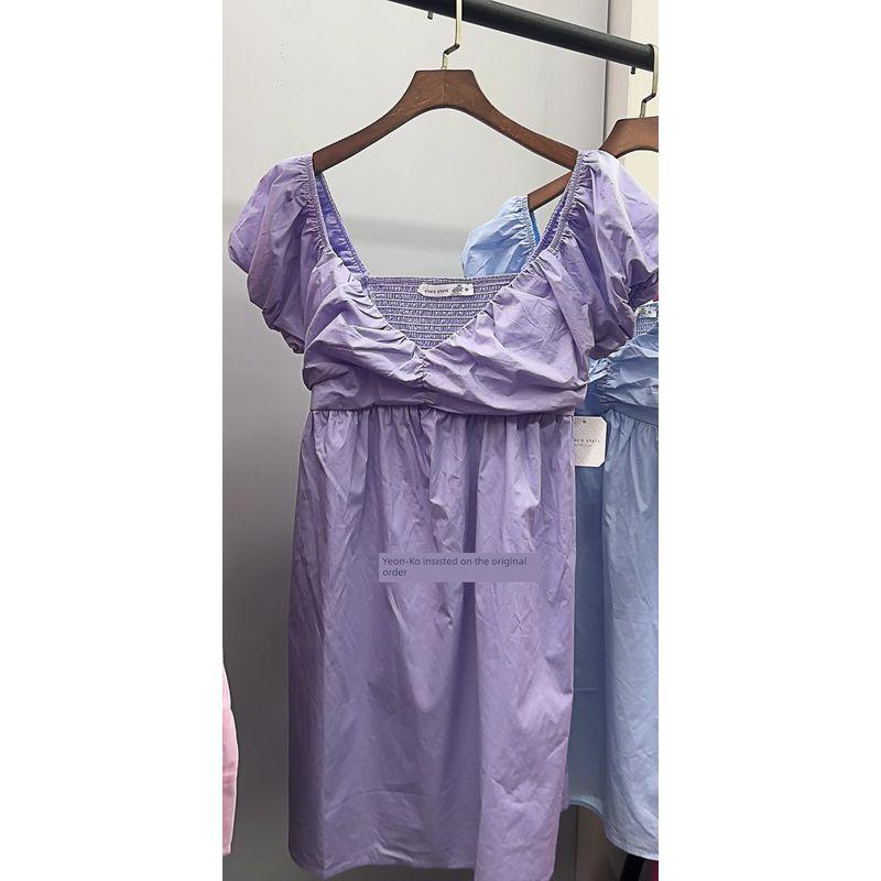 

Foreign Trade Order Cotton Cute and Exquisite Pleat Square-Cut Collar A Word French style Retro Mori look Dress Women Summer Purple Dress L