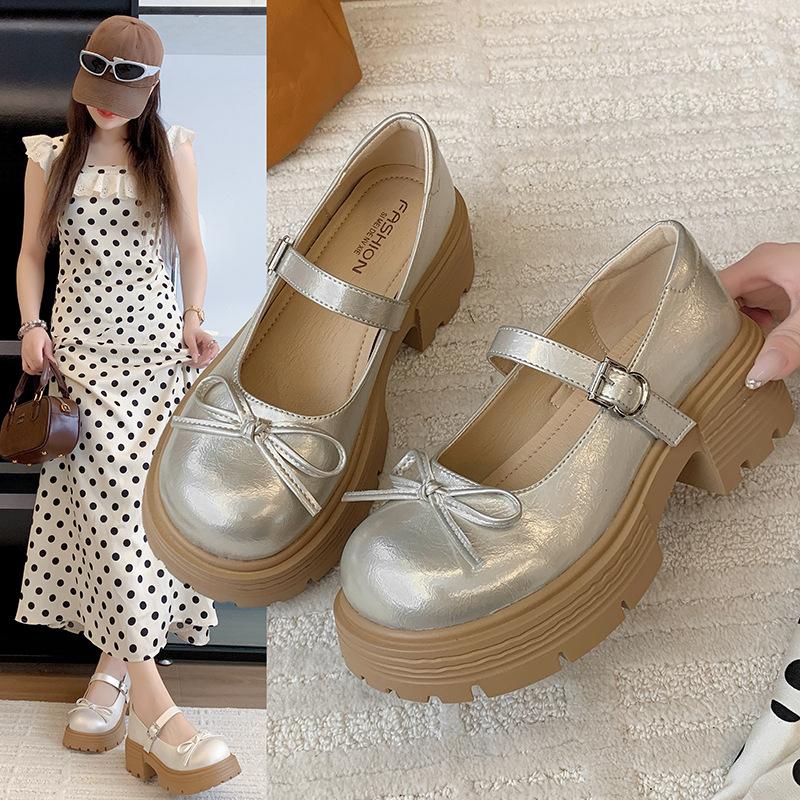 French bow Mary Jane single shoes women's 2025 summer and autumn new models with skirts, muffins, thick soles, big head and small leather shoes