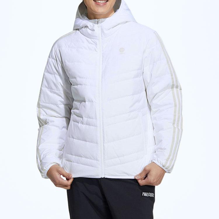 Adidas Neo Solid Color Hooded Zip-Up Down Jacket With Three-Stripe Brand Logo Print Unisex Outerwear White HN4792