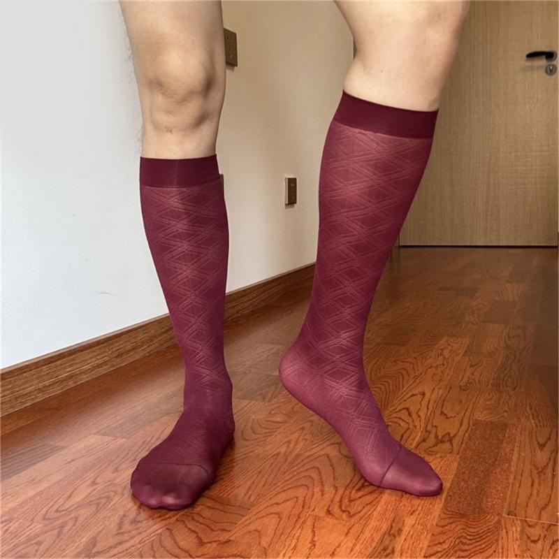 Men's Breathable Nylon Thin Dress Socks with Argyle Pattern Design Middle Calf Business Formal Socks Hosiery Gift