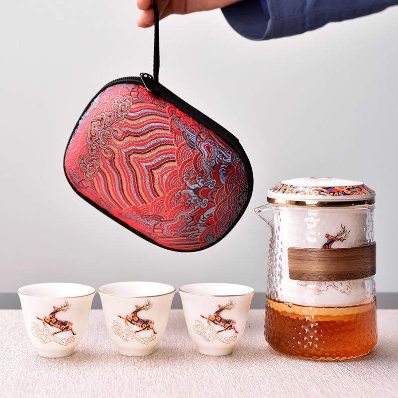 

Fuxing deer portable ceramic portable one pot three cups travel tea set glass express cup