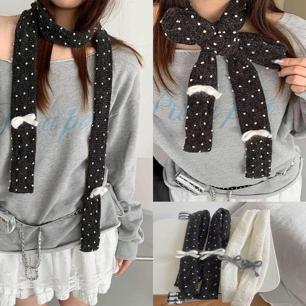 Fashionable Warm Polka Dot Scarf Korean Bowknot Soft Narrow Long Scarf Knitted Scarves Bib Women Neck Accessories