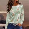 Women's Fashion Casual Slit Hem Round Neck Long Sleeve Loose Printed T-Shirt Ladies Top