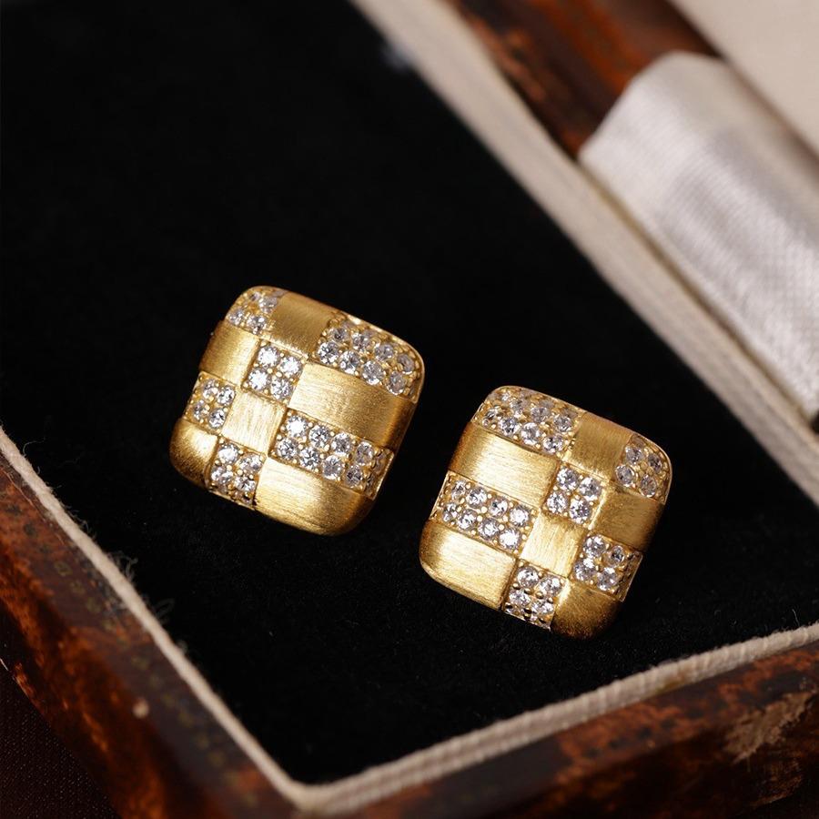 Brushed Candy S925 Silver Geometric Stud Earrings - French Retro Design for Women 14K Gold Pair (includes earplugs)