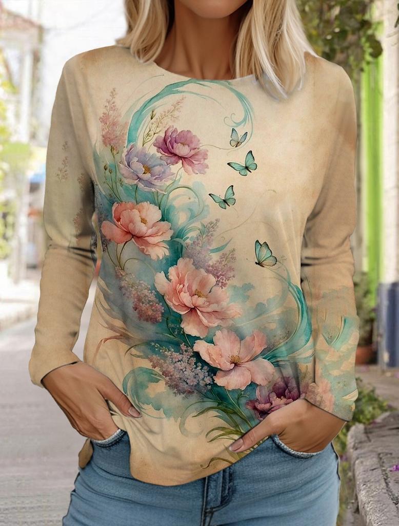 Women's 3d Printed Flower T-shirt Fashion Long-sleeved Round Neck Regular Tops Holiday Weekend Blue Spring and Autumn Wear