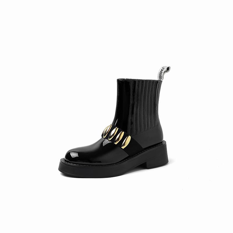 Metall Große Schnalle Plateau Leder Damen Kurzstiefel Chelsea Boots Damen Schwarz Britisch Martin Stiefel