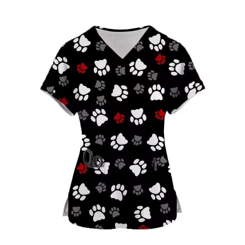 

Pet Paw Print Frosted Top Women s Pocket V-neck Frosted Uniform Pet Beauty Nurse Spa Care Shirt Uniform S