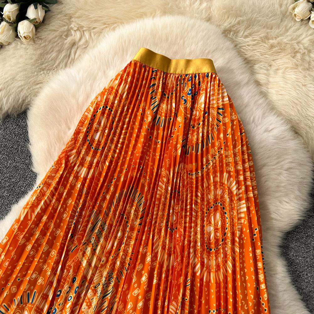 Spring Summer Women Elegant Print Elastic Waist Long Maxi Holiday Beach Pleated Skirt Only Have One Size