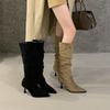 High Heel Pointed Khaki Suede Pile Boots Women's Shoes 2025 Autumn and Winter Single Boots Skinny Long Knight Boots