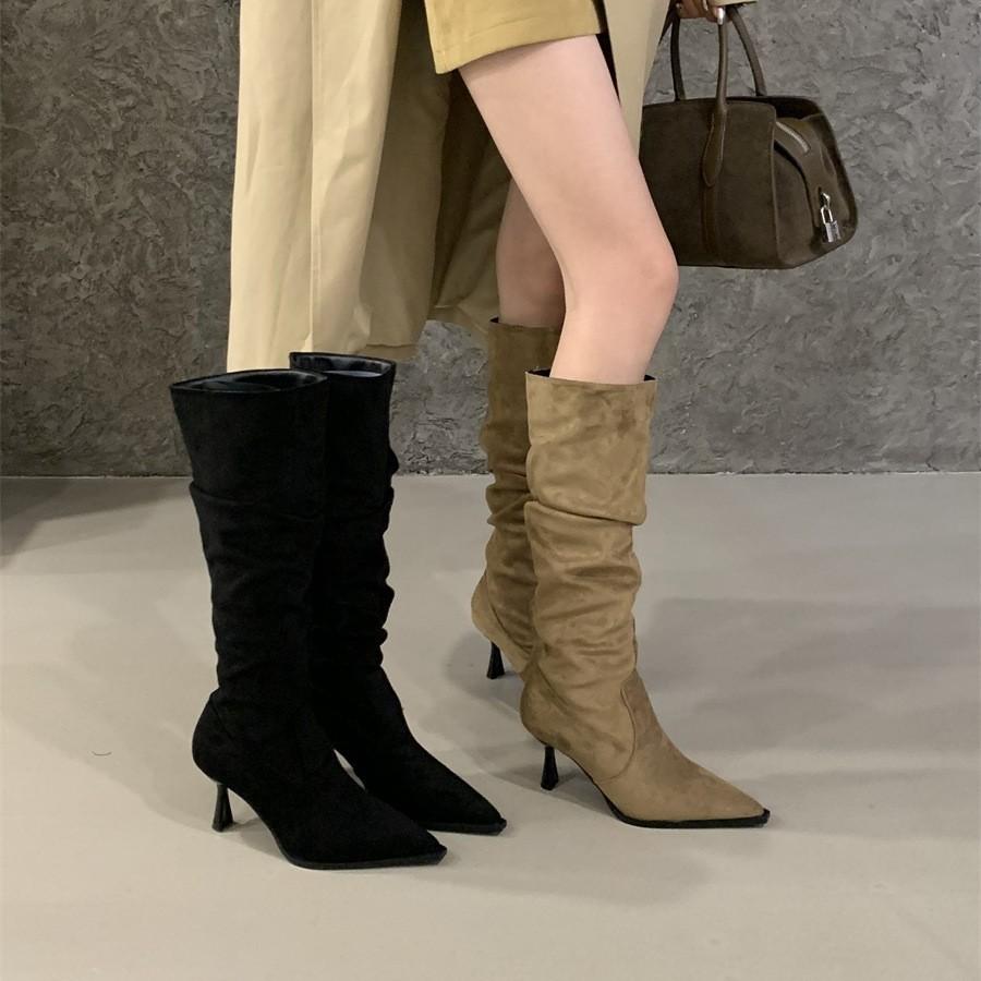 High Heel Pointed Khaki Suede Pile Boots Women's Shoes 2025 Autumn and Winter Single Boots Skinny Long Knight Boots