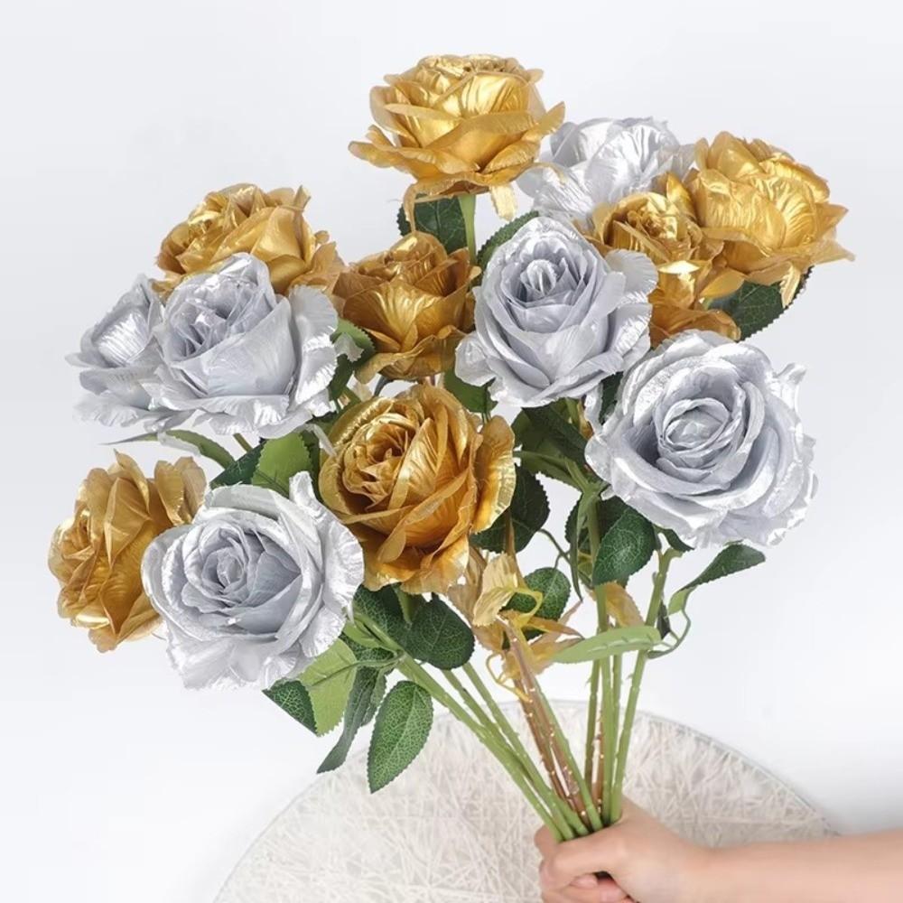 1pc Silk Rose Simulated Rose Bouquet DIY Floral Materials Realistic Simulation Flowers Gold Soft Artificial Flowers