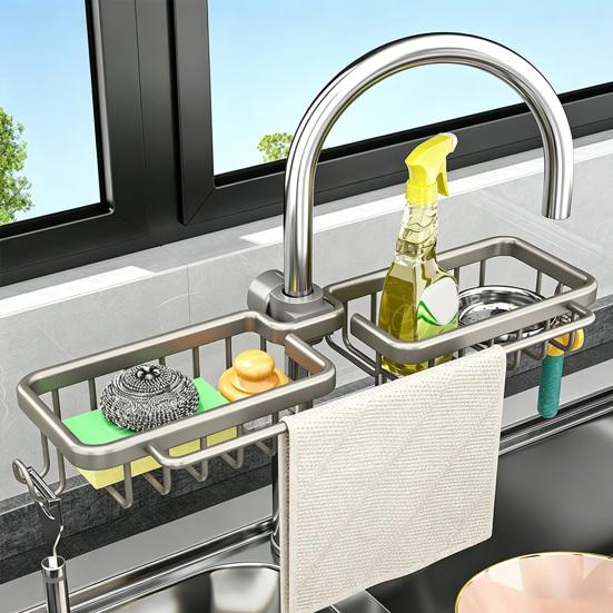 Sink Storage Rack with Hollow Design Basket 360° Rotatable Rustproof Kitchen Faucet Organizer for Sponges Brushes Cleaning Tools