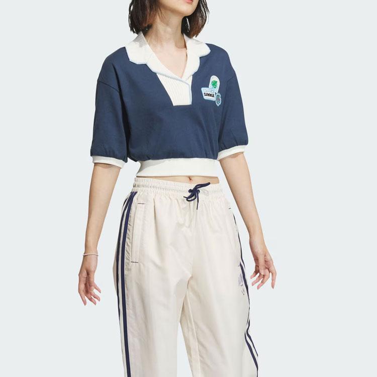Adidas Originals Letter Block Comfort Casual Sports Polo Shirt Women Tops Navy White IW6300