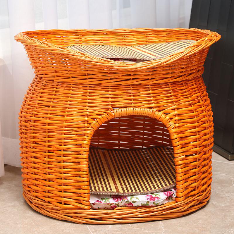 Medium Woven Rattan Pet House: Enclosed, Double-Layer, Washable, All-Season Cooling Mat for Dogs and Cats