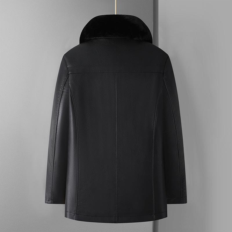 Pánská kožená bunda s otočným kožichovým límcem, středně dlouhá, s hustým plyšem, zateplená, na zip, pro střední věk a seniory