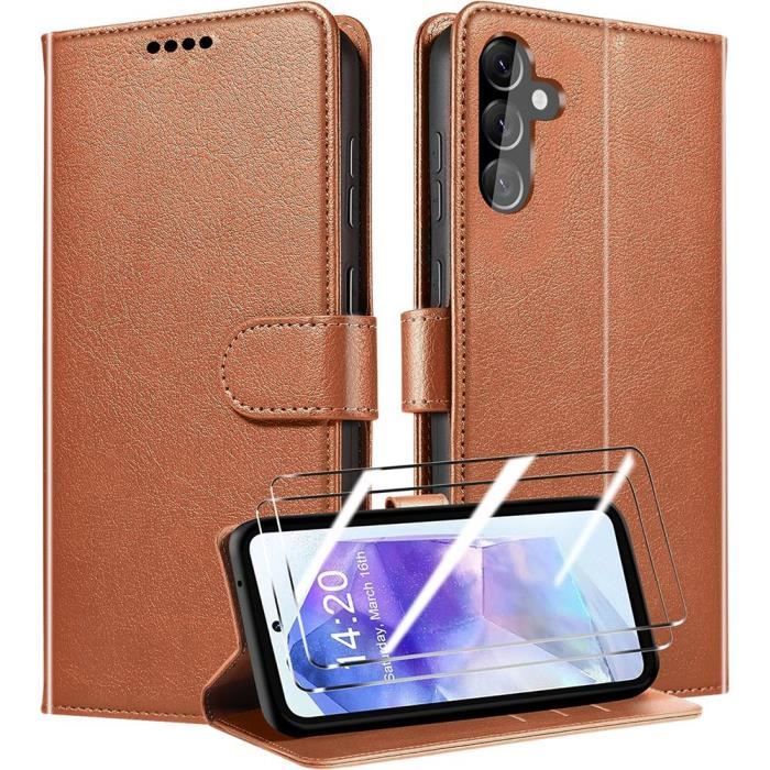 Coque pour samsung galaxy a55 5g - booling - marron - antichoc - poche à cartes - béquille réglable