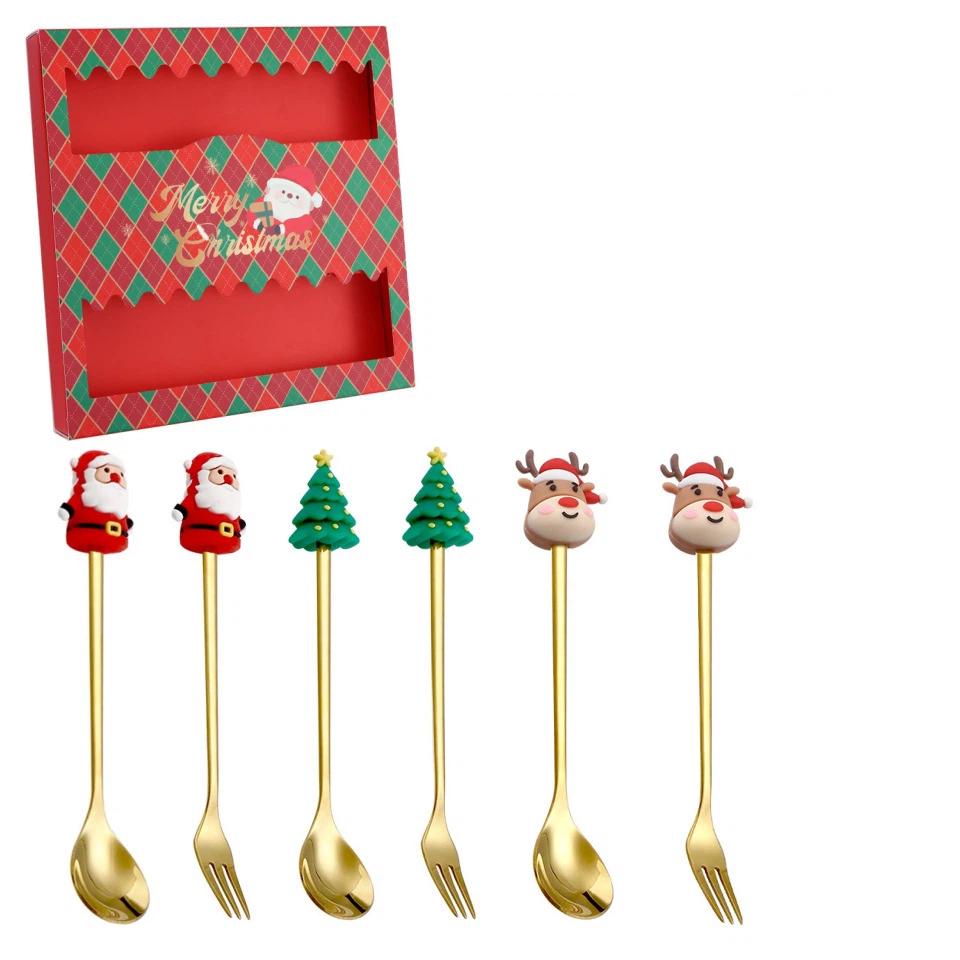 Weihnachtsgeschirr Edelstahl Löffel Gabel Set Kreativer Schneemann Löffel Kaffeelöffel Obstgabel Perfekte Feiertags-Tischdeko
