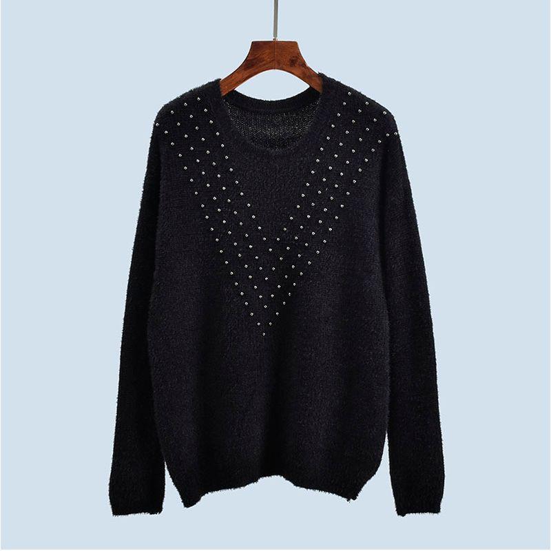 Spring & Fall round Neck Bead Imitation Mink Hair Long Sleeves Easiest for Match Knitting Pure Color Loose and Lazy Style Women's Soft Glutinous Tops
