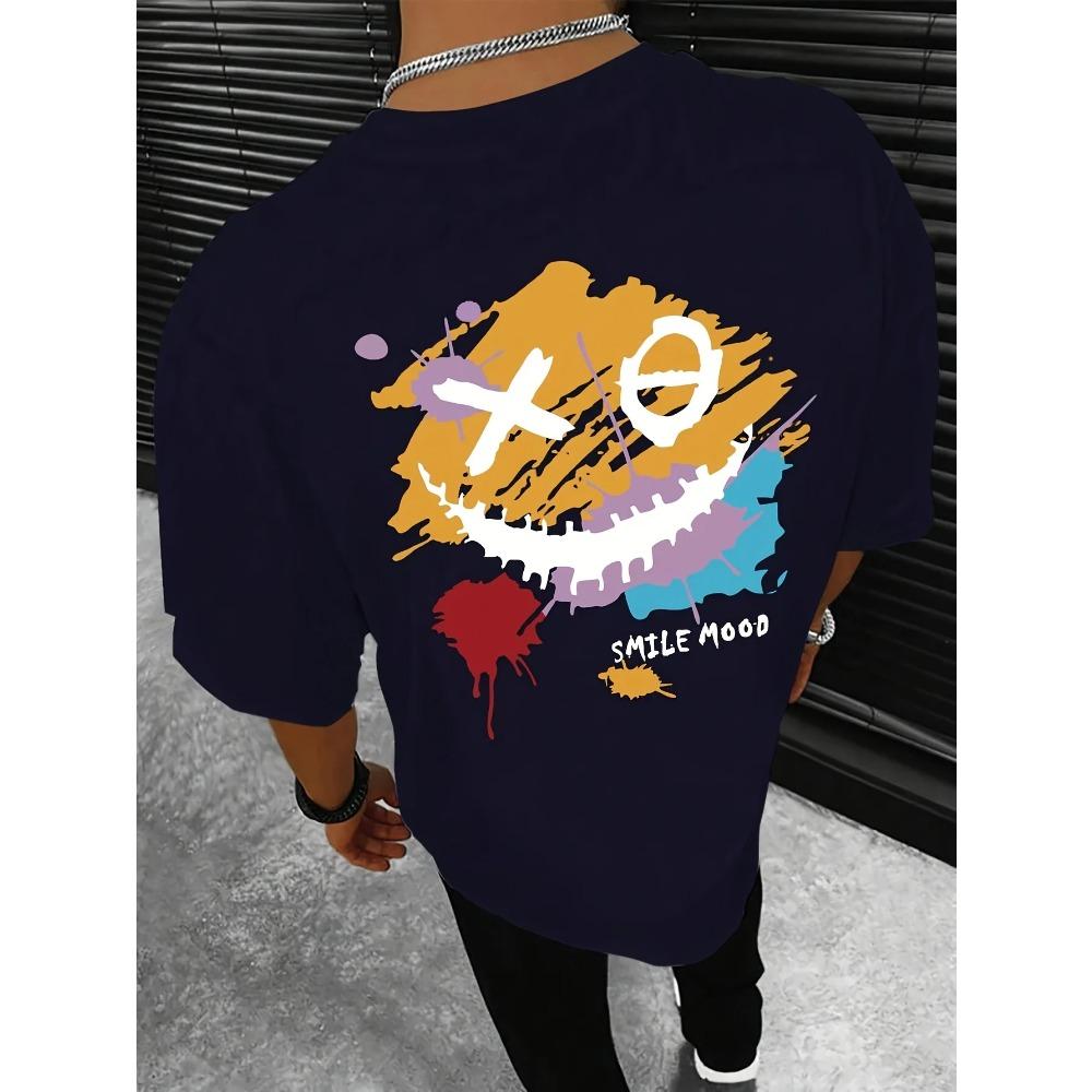 Lässiges Rundhals-Kurzarm-Top mit leichtem Stretch, Sommer-Strick-T-Shirt mit Smile-Stimmungsdruck für lässige Wochenendkleidung