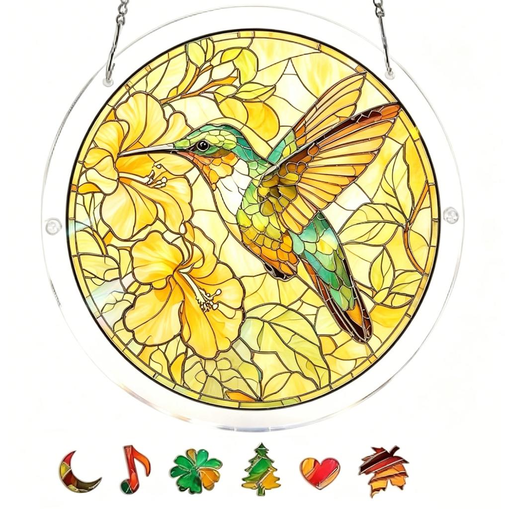 Acrylic Puzzle Hanging Ornament 83 2D Round Suncatcher with Hummingbird and Floral Pattern for Home Window Decor Display