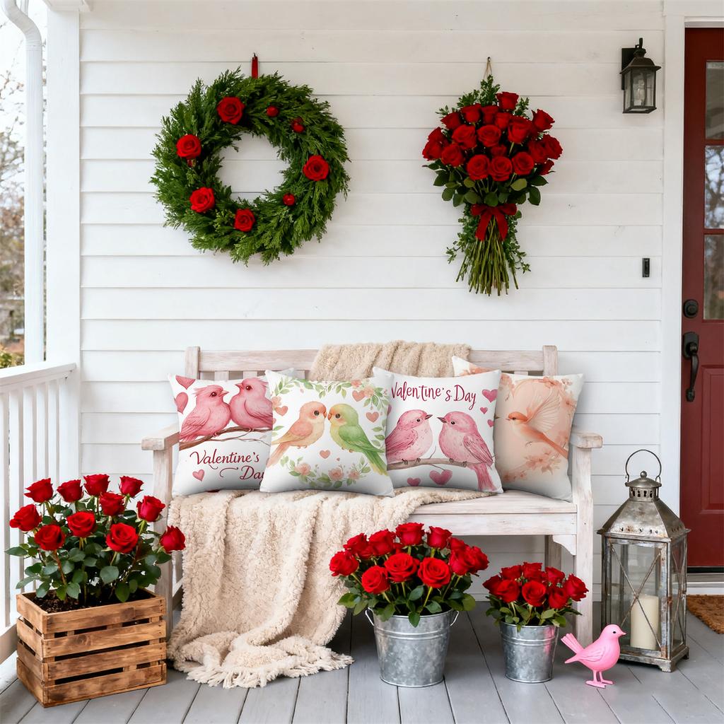 4pcs Valentine'S Day Heart Wreath Birds Throw Pillow Covers | Polyester, Zip Closure, Suitable for Bedroom, Sofa, Wedding Anniversary, Party DecoR