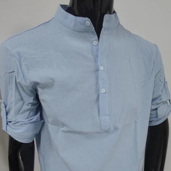 Yousheng Men Shirt Stand Collar Roll-up Long Sleeve Pullover Tops Pure Color Loose Fit Casual Shirt Travel Party Daily Wear