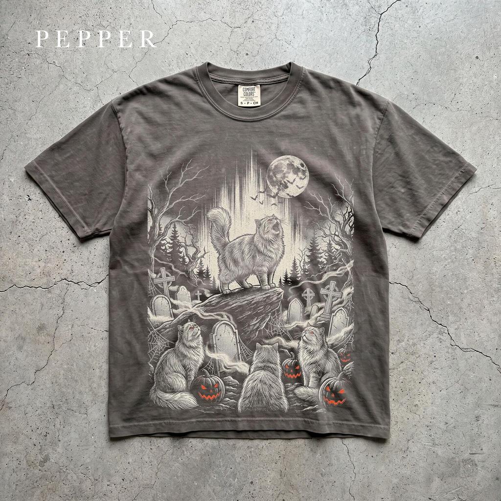 Spooky Graveyard Cat Tee, Spooky Graveyard Cat Lover Fall, Jack O Lantern Moon Season, Trick or Treat Comfort Colors Fall Graphic