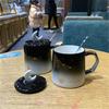 Creative Cup Literary Girl Mug Simple Gradient Color Starry Sky Big Belly Ceramic Water Cup with Lid and Spoon