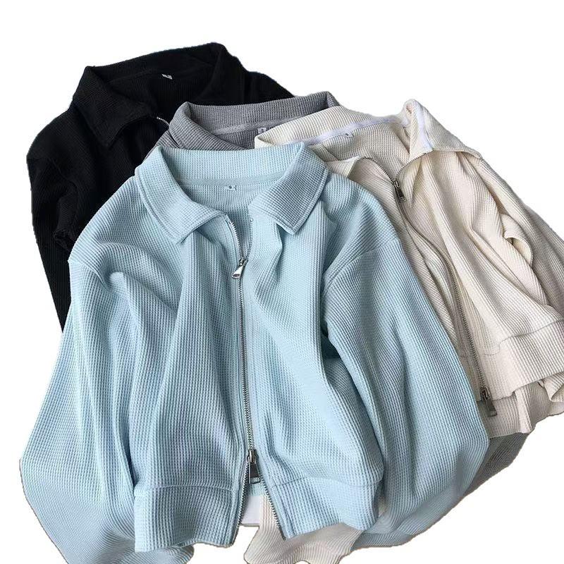 Cotton waffle short coat women's autumn new loose design double zipper top casual cardigan trend