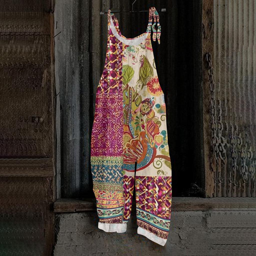 Women's Jumpsuit Print Casual Loose Vintage Shoulder Strap Cotton Linen