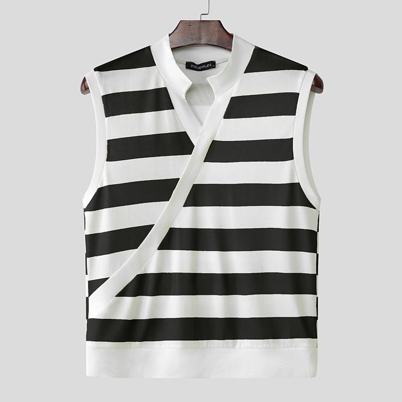 INCERUN Summer Men Stand Collar Sleeveless Striped Print Casual Tank Tops