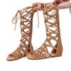 Women Gladiator Strappy Sandals With Knee High Design And Cut Out Details Flat Summer Shoe