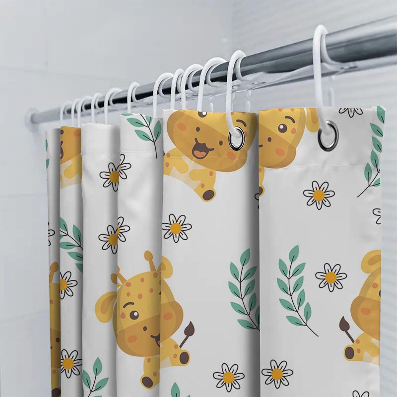 New Arrival Cartoon Giraffe Shower Curtain Waterproof Bathroom Decor With Flowers Leaves For Children Room (White)