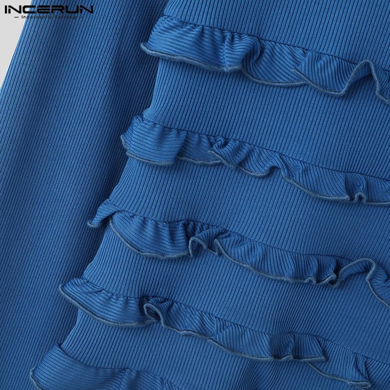 INCERUN Ανδρικά κοντό μπλουζάκια με ψηλό λαιμό και βολάν