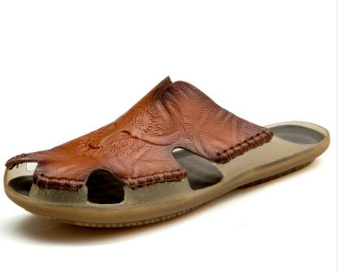 Plus Size Men's Breathable Leather Closed-Toe Sandals - Lightweight One-Strap Casual Beach Shoes