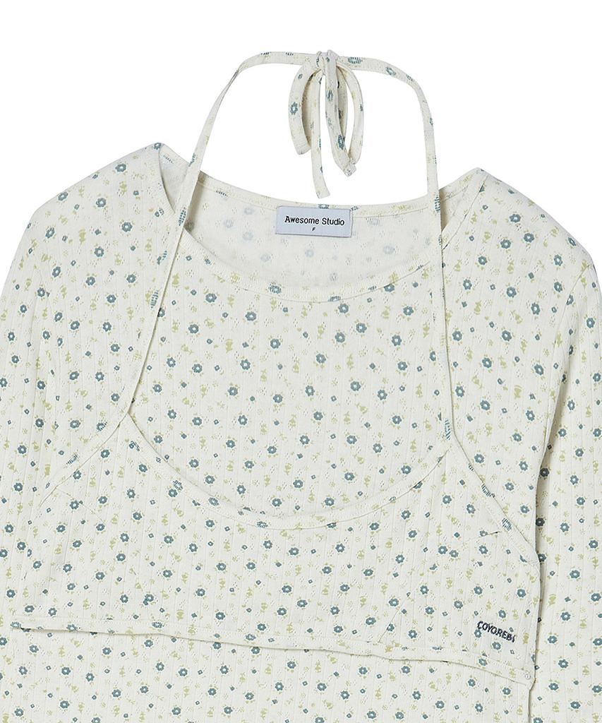 AWESOME STUDIO Flower Pattern Layered Top Light Beige